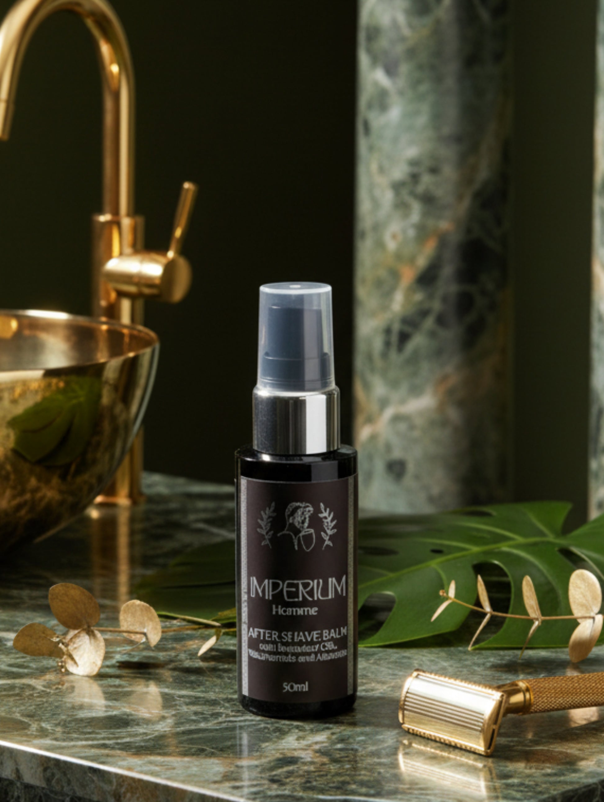 After Shave Balm for Men in Imperium fragrance by Hazel Glow.  50ml in black bottle with black label and silver foil detail