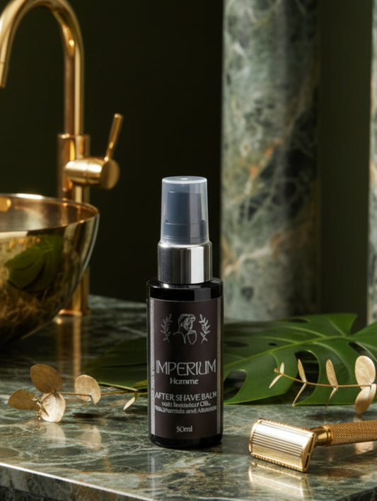 After Shave Balm for Men in Imperium fragrance by Hazel Glow.  50ml in black bottle with black label and silver foil detail