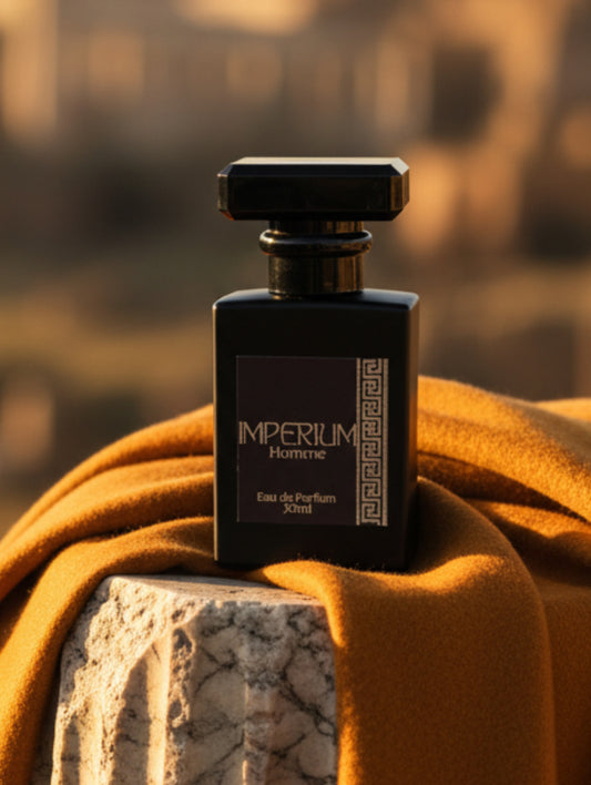 Vegan Fragrance for Men by Hazel Glow in Imperium fragrance.  In black matte bottle, faceted top, black label and silver foil details