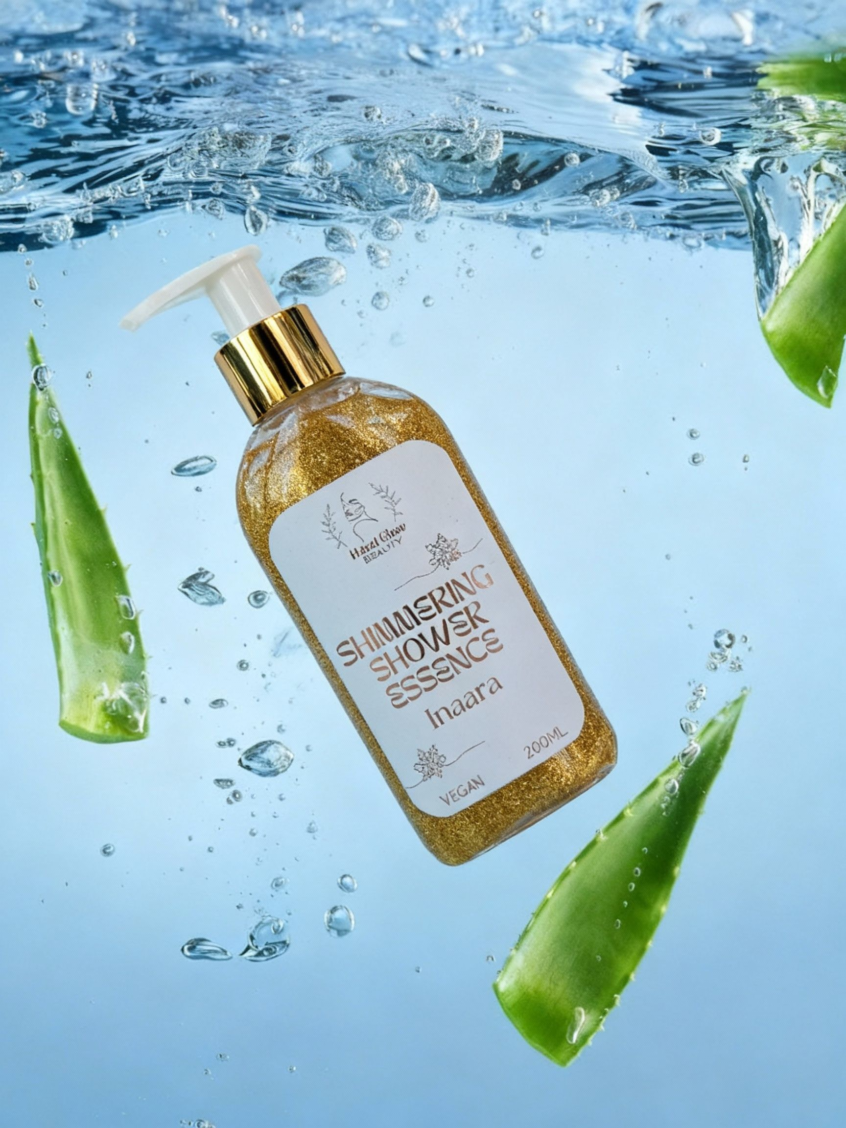 Vegan, Paraben Free, Shimmering Shower gel - Inaara fragrance - bottle with pump and aloe vera leaves on a water background