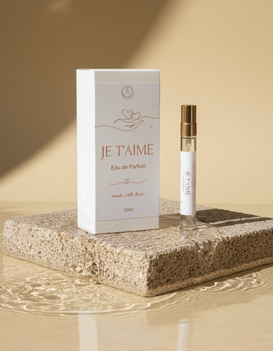 JE T'AIME eau de parfum packaging with a small perfume bottle on a stone surface in water