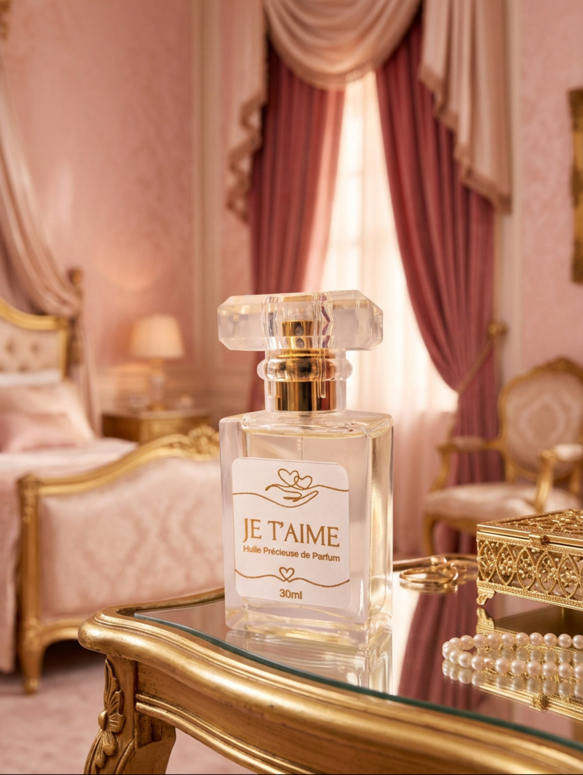 Je T'Aime precious perfumed oil by Hazel Glow.  In a clear bottle with faceted lid shown on a dressing table in a luxury pink French style bedroom
