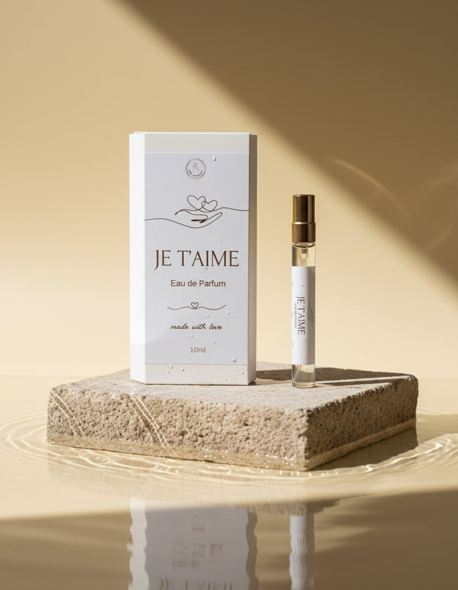 JE T'AIME vegan eau de parfum bottle and packaging on a stone plinth in water with shadows