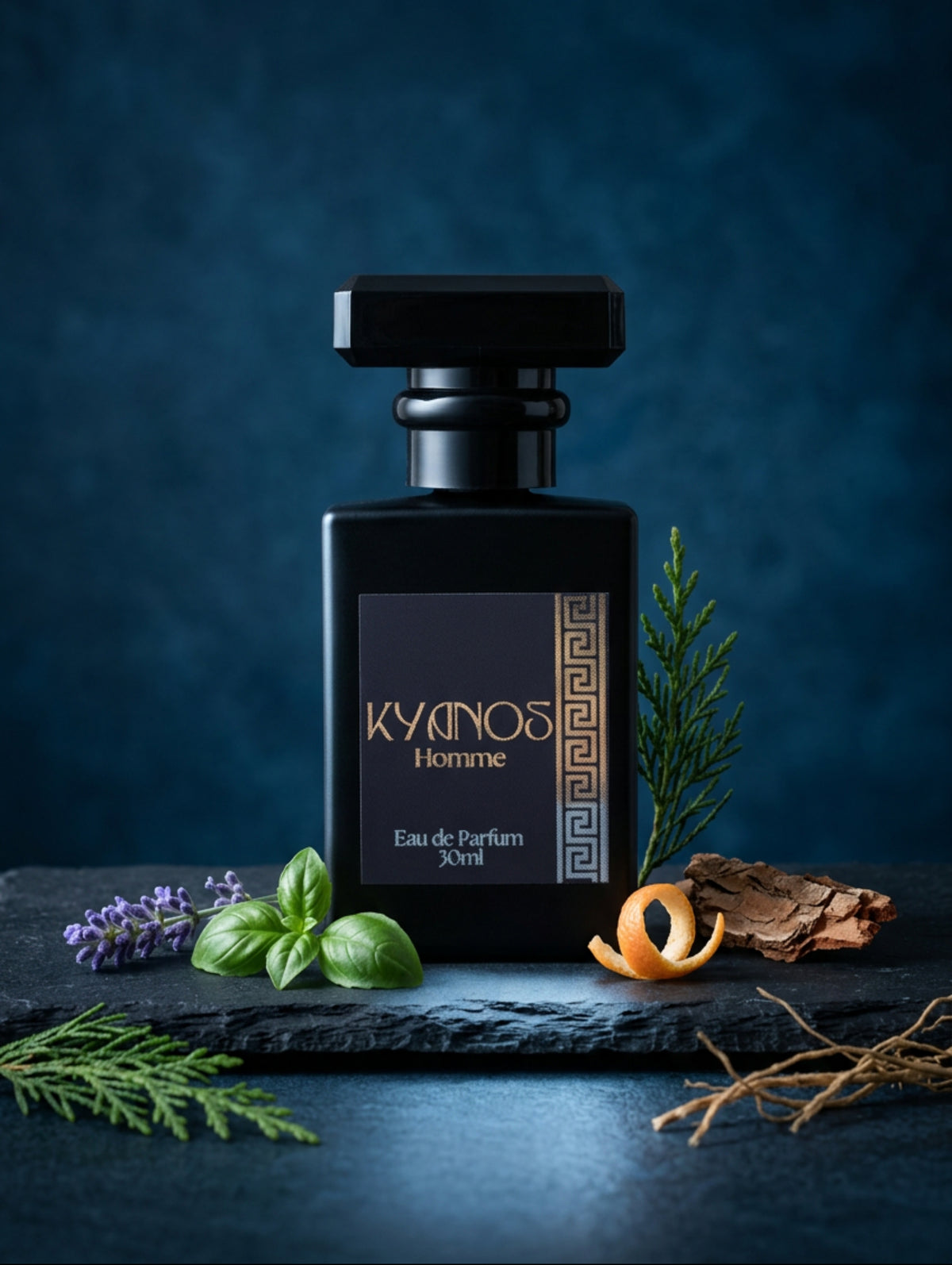 A 30ml bottle of KYANOS Homme Eau de Parfum, featuring a matte black rectangular bottle with a faceted black cap and a black label with silver foil text.