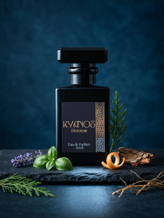 A 30ml bottle of KYANOS Homme Eau de Parfum, featuring a matte black rectangular bottle with a faceted black cap and a black label with silver foil text.