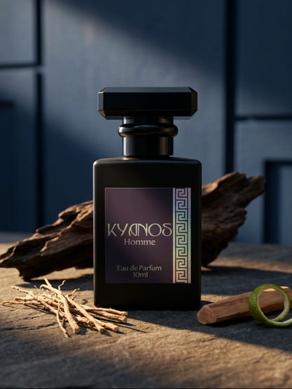 Men's perfume, Kyanos by Hazel Glow.  Black matt rectangular bottle with black and silver foil label