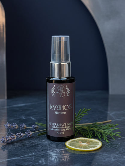 After shave balm for men Kyanos by Hazel Glow. With botanical oils, niacinamide and allantoin