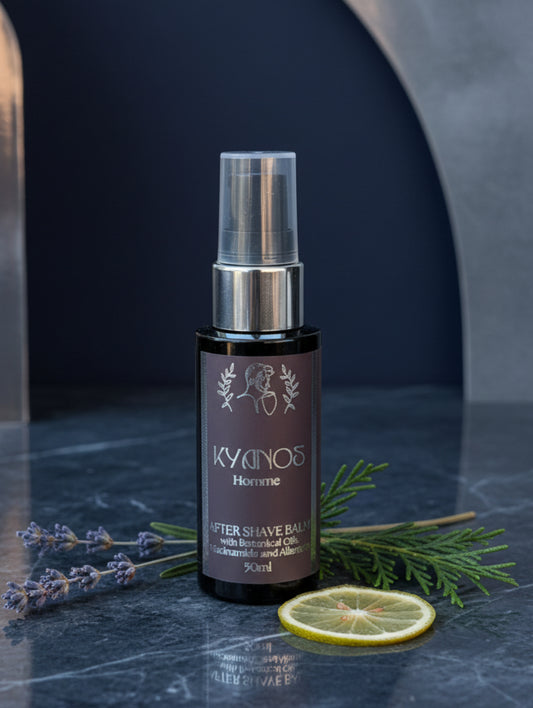 After shave balm for men Kyanos by Hazel Glow. With botanical oils, niacinamide and allantoin