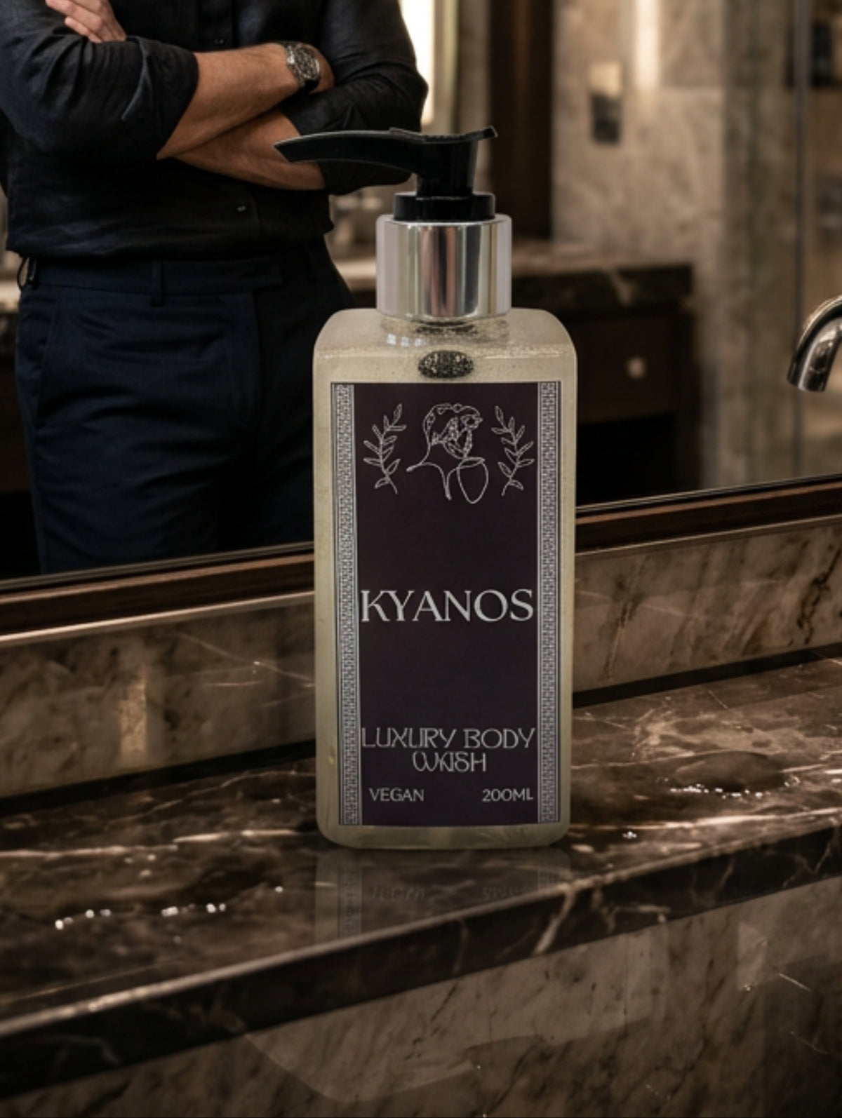 A 200ml bottle of Kyanos Luxury Men's Shower Gel with a black pump dispenser and a black and silver foil label