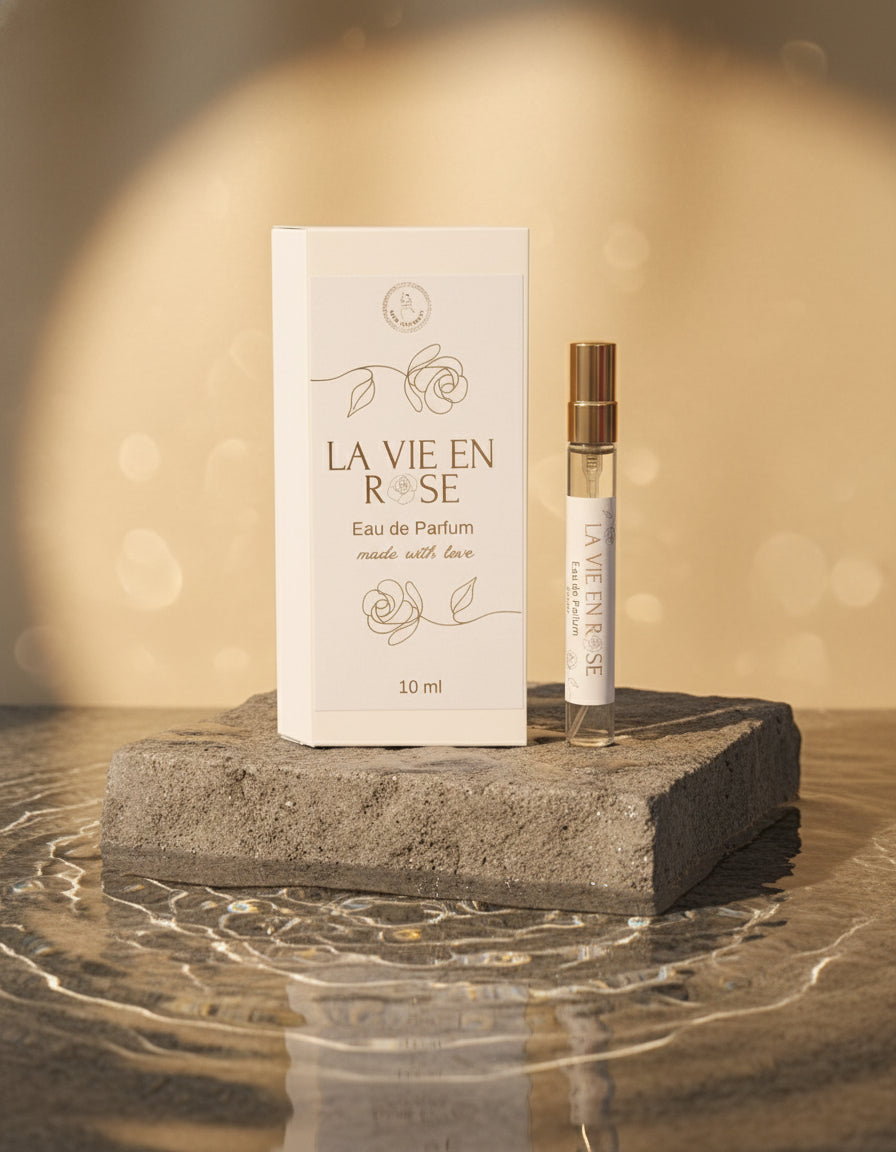 La Vie En Rose perfume packaging with a small bottle on a decorative surface.