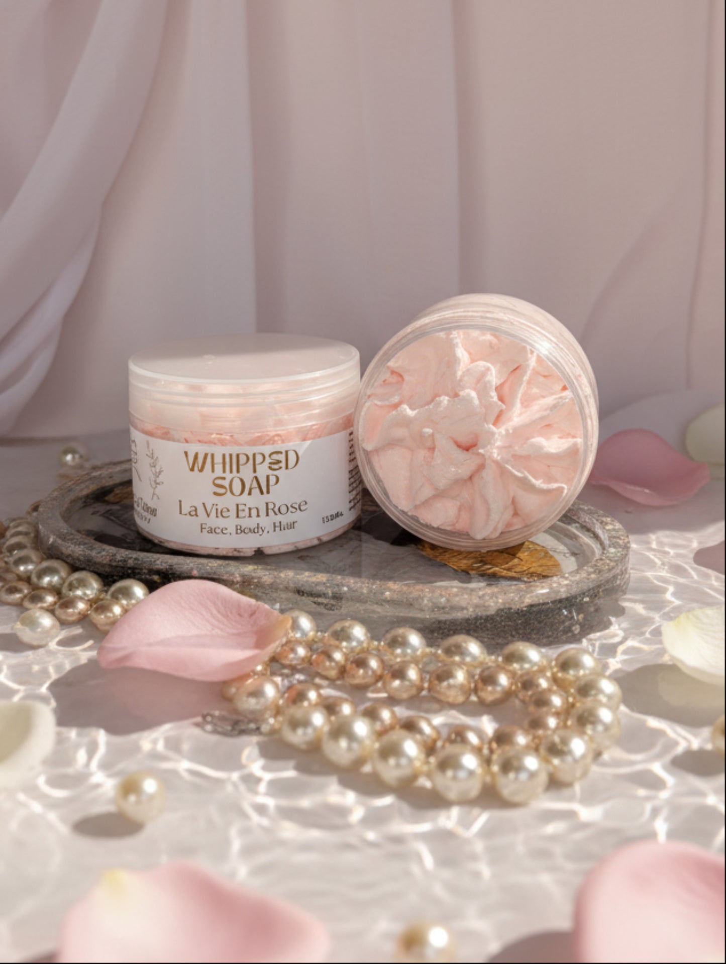 Jar of La Vie En Rose whipped soap with pearls and rose petals