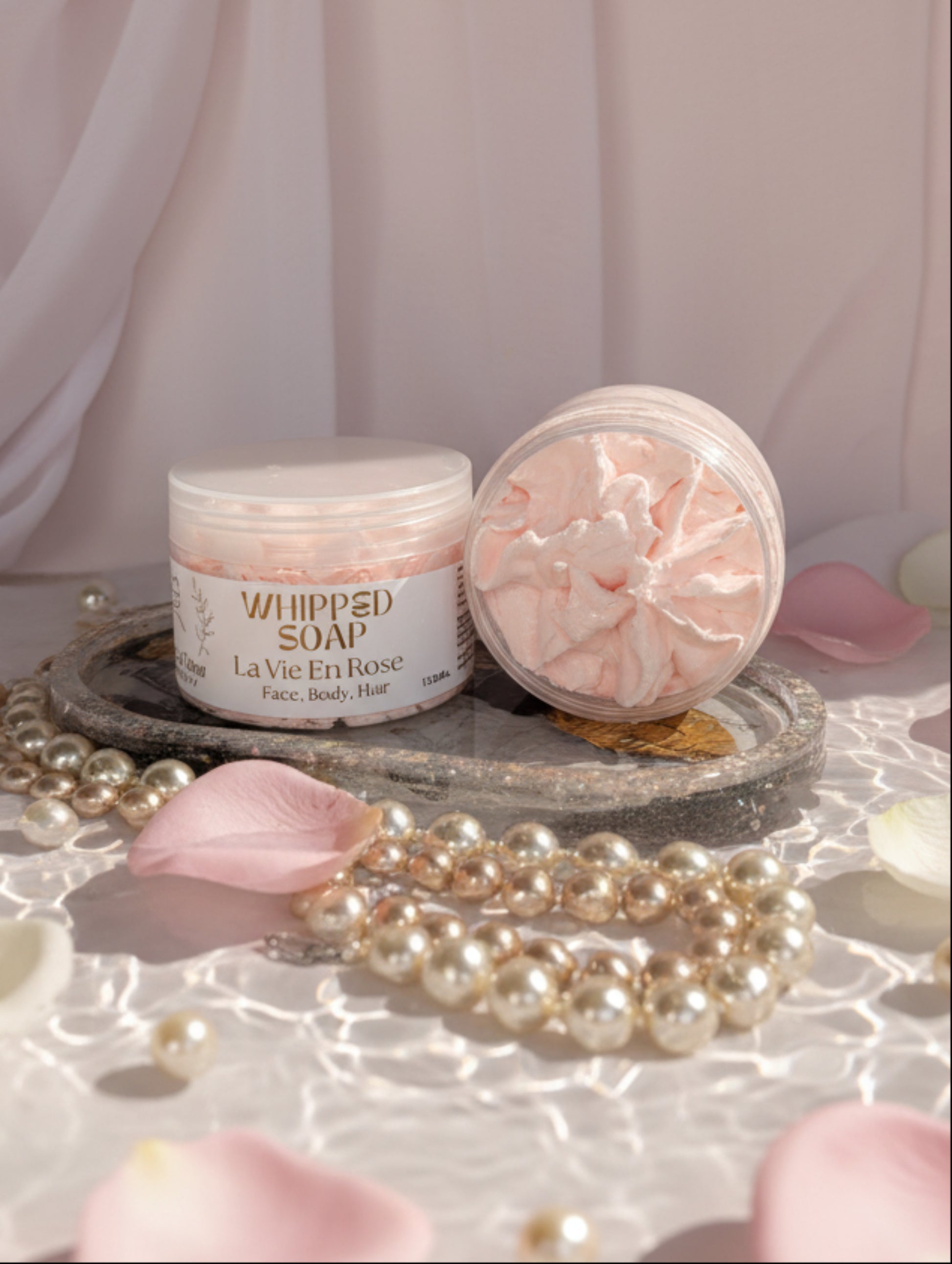 Jar of La Vie En Rose whipped soap with pearls and rose petals