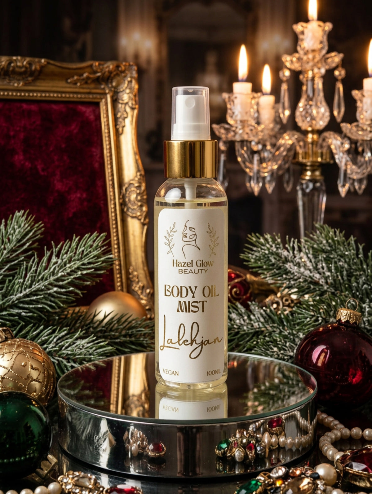 A bottle of Hazel Glow Beauty Body Oil Mist with a white label and gold collar, displayed on a reflective silver tray against a luxury Christmas background