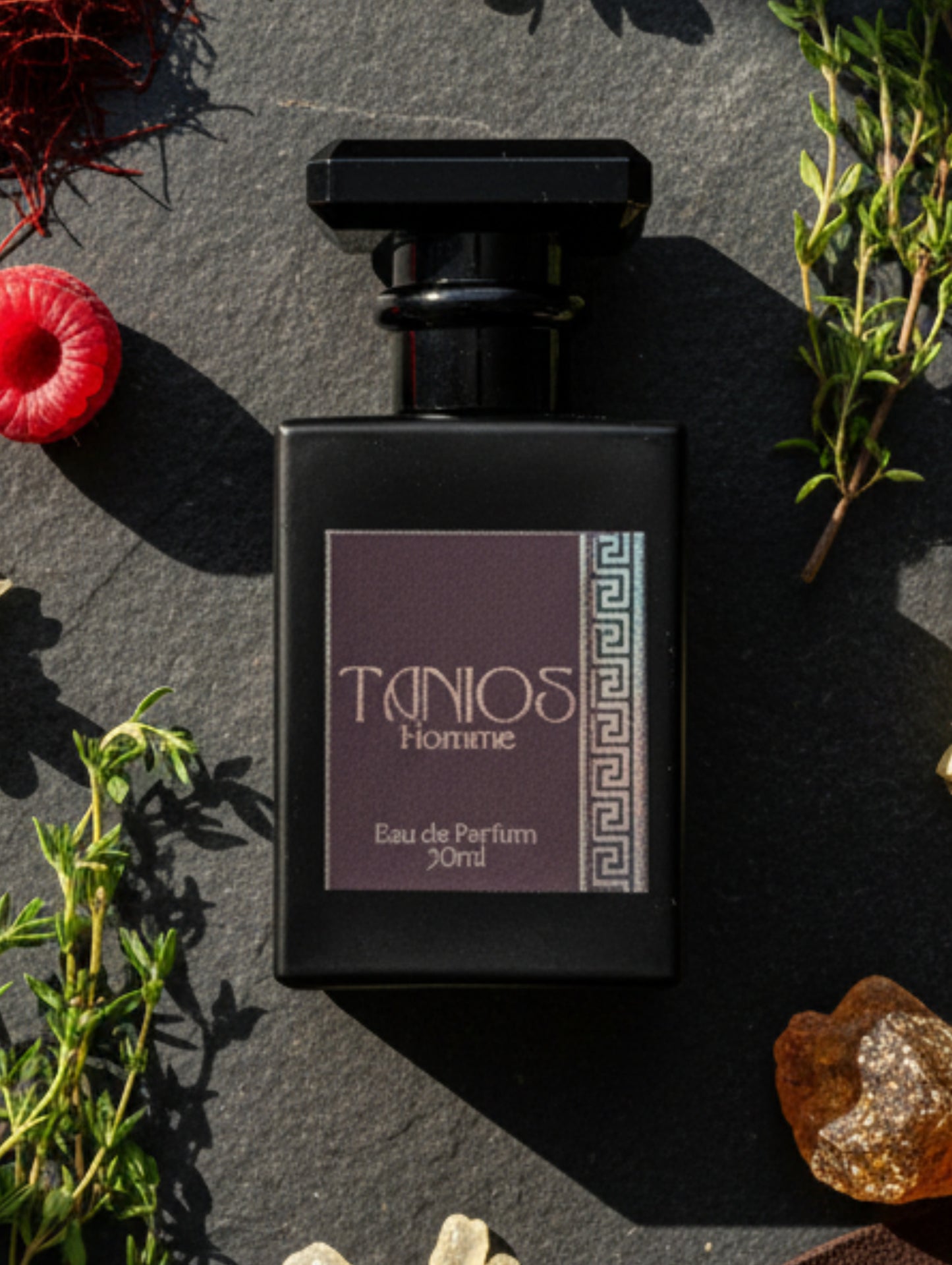 Tanios leather perfume for men by Hazel Glow.  Black bottle with black label and silver foil detail against a slate background with herbs and fruit