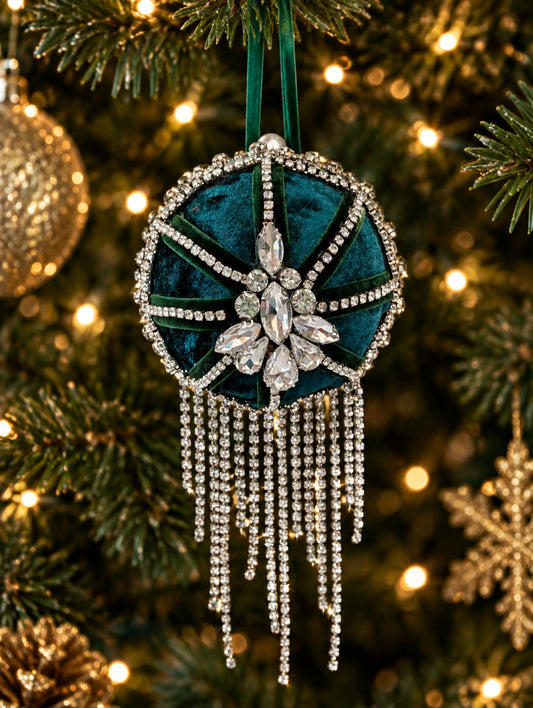 Hand decorated green velvet Christmas Tree bauble with lavish crystal and rhinestone decoration