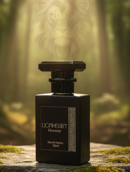 A 30ml bottle of Lionheart Eau de Parfum for men, featuring a matte black rectangular bottle with a faceted black cap and a dark label with white text and a Greek key pattern.