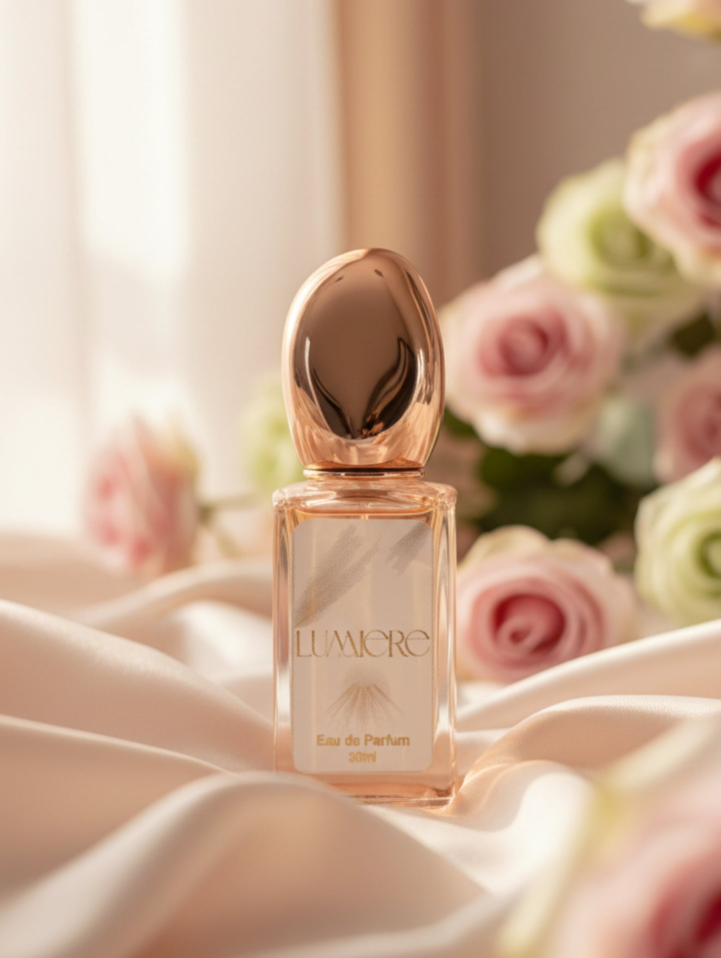 Vegan refillable perfume suitable for brides, Lumiere by Hazel Glow on Satin with roses in the background