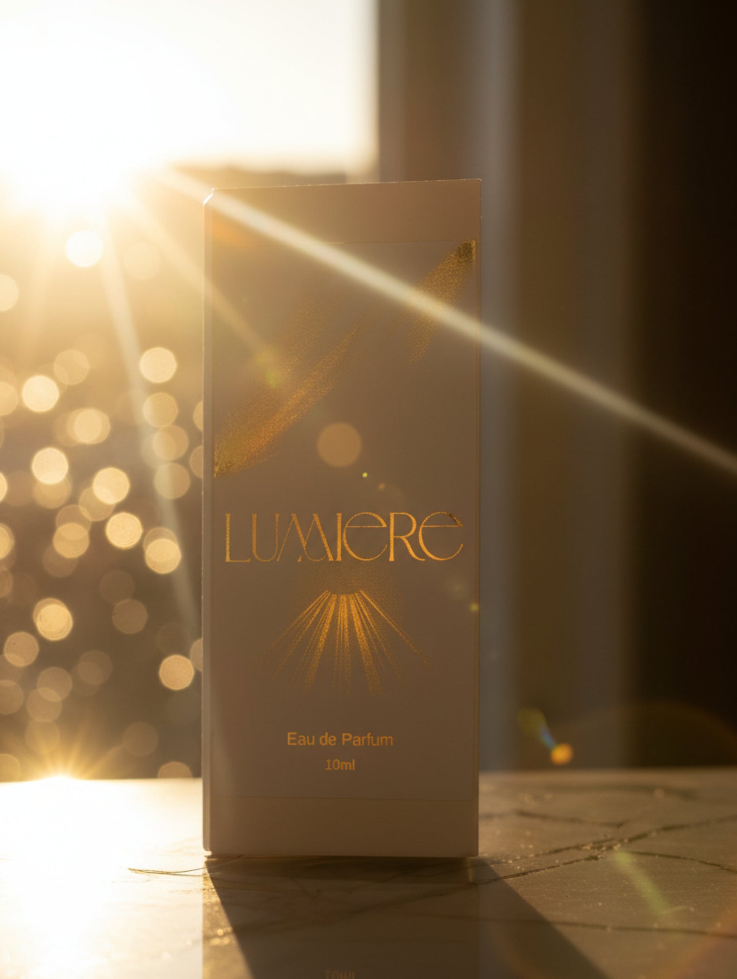 Lumiere Eau de Parfum packaging on a marble surface