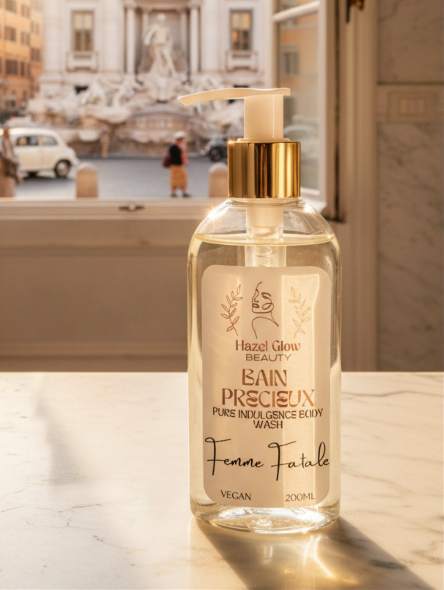 Organic Base Body Wash in Femme Fatale chypre fragrance by Hazel Glow.  On a marble surface in front of an open window overlooking Trevi Fountain