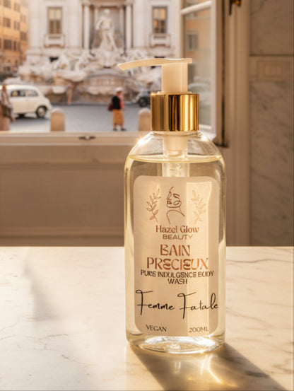 Organic Base Body Wash in Femme Fatale chypre fragrance by Hazel Glow.  On a marble surface in front of an open window overlooking Trevi Fountain
