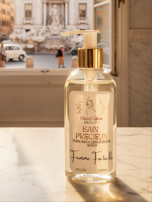 Organic Base Body Wash in Femme Fatale chypre fragrance by Hazel Glow.  On a marble surface in front of an open window overlooking Trevi Fountain