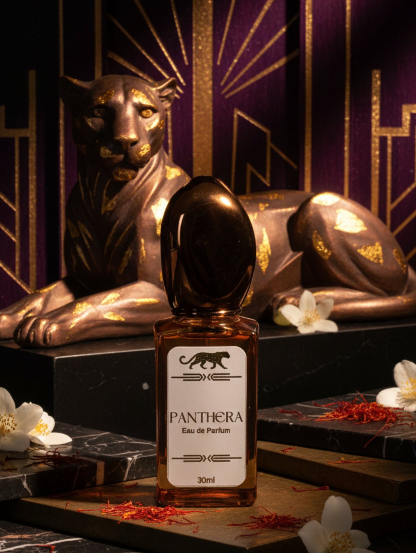 Luxury oriental linear perfume Panthera by Hazel Glow against an art deco background with leopard statue