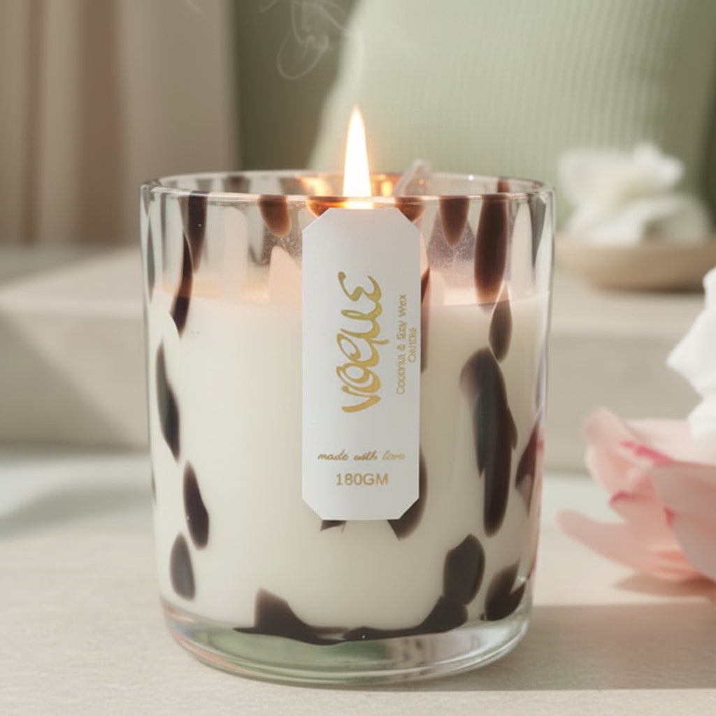 Luxury vegan candle in dalmation effect Italian glass container with amethyst, rose quartz crystals
