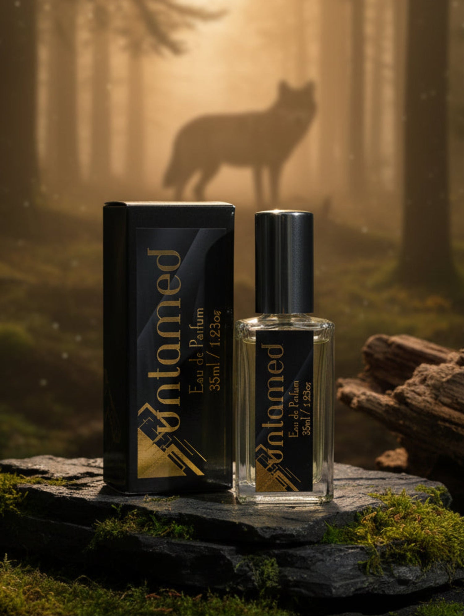 Men's Eau de parfum Untamed by Hazel Glow, on a rock in a forest with a wolf silhouetted in the background
