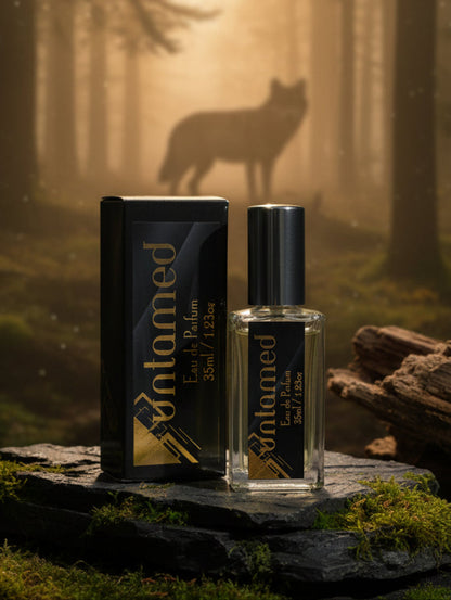 Men's Eau de parfum Untamed by Hazel Glow, on a rock in a forest with a wolf silhouetted in the background