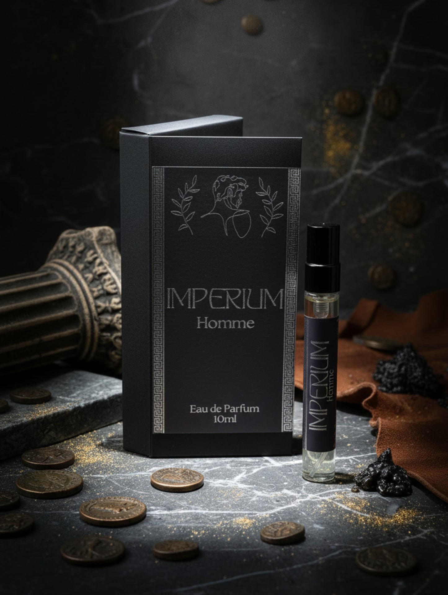 Imperium Men's Eau de Parfum by Hazel Glow.  Travel Size men's perfume, 10ml spray bottle with black label and silver foil detail.  Black box with silver foil design