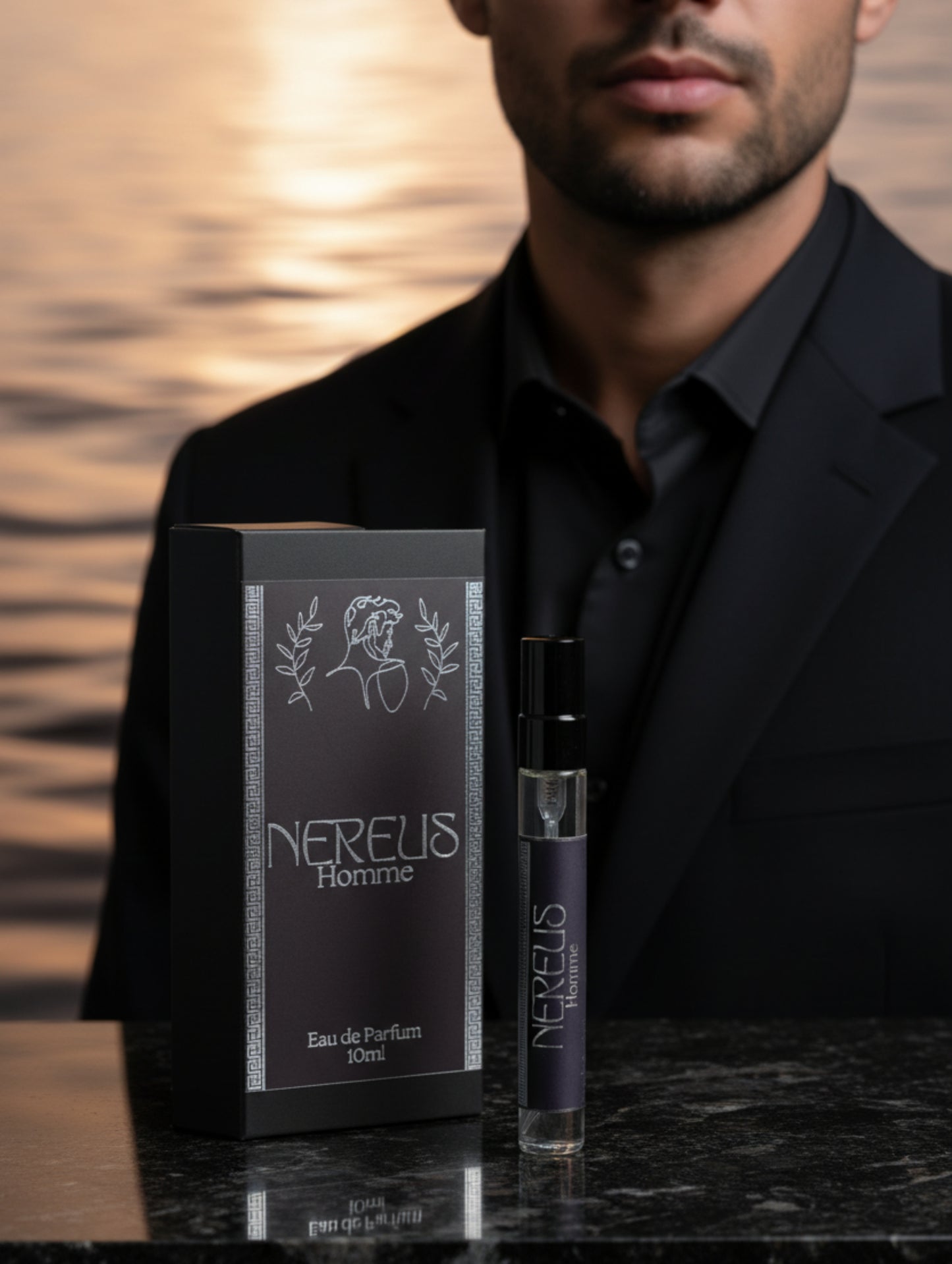 Nereus Oriental Men's Perfume by Hazel Glow.  10ml Travel Size perfume for men in black box with black label and silver foil design.