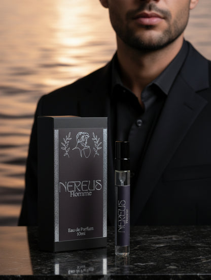 Nereus Oriental Men's Perfume by Hazel Glow.  10ml Travel Size perfume for men in black box with black label and silver foil design.