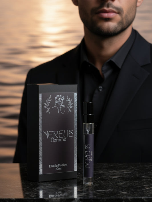 Nereus Oriental Men's Perfume by Hazel Glow.  10ml Travel Size perfume for men in black box with black label and silver foil design.
