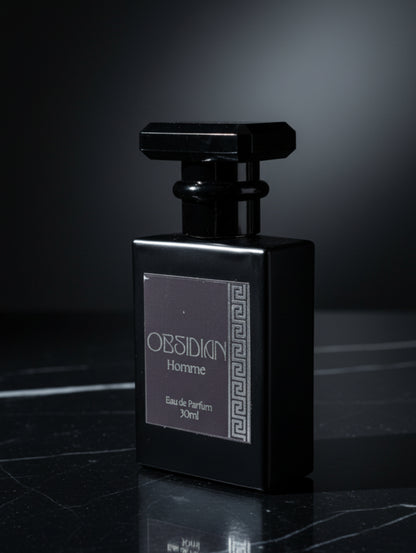 Leather Perfume Obsidian by Hazel Glow in black bottle with black and silver foil label