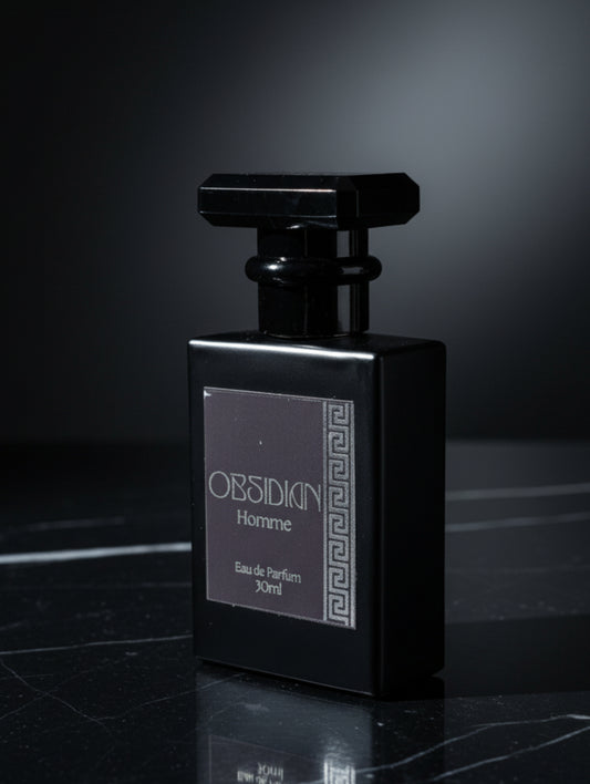 Leather Perfume Obsidian by Hazel Glow in black bottle with black and silver foil label