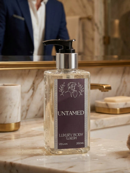 200ml bottle of luxury men's body wash in Untamed fragrance by Hazel Glow.  