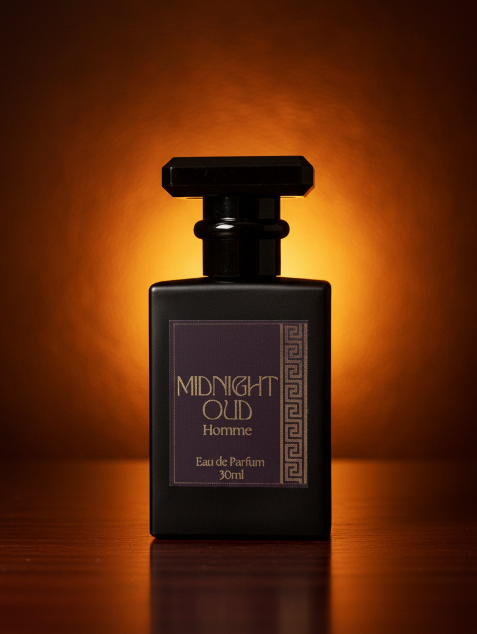 Midnight Oud Men's Eau De Parfum by Hazel Glow.  Black 30 m bottle with black label and silver foil design
