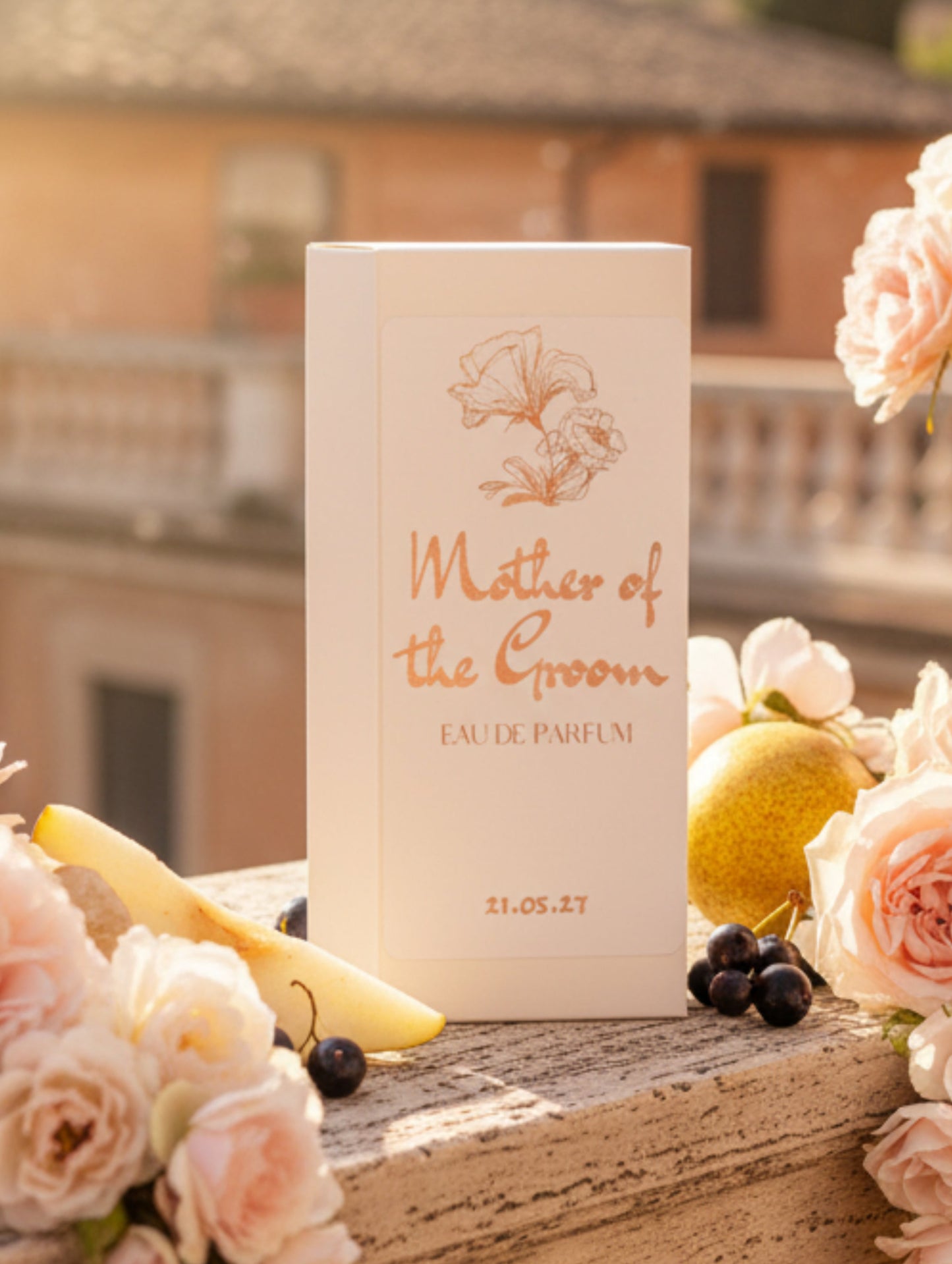 Personalised Bridal Gifts - Mother of the groom gift, personalised perfume 10ml by Hazel Glow on a wall with roses cascasing