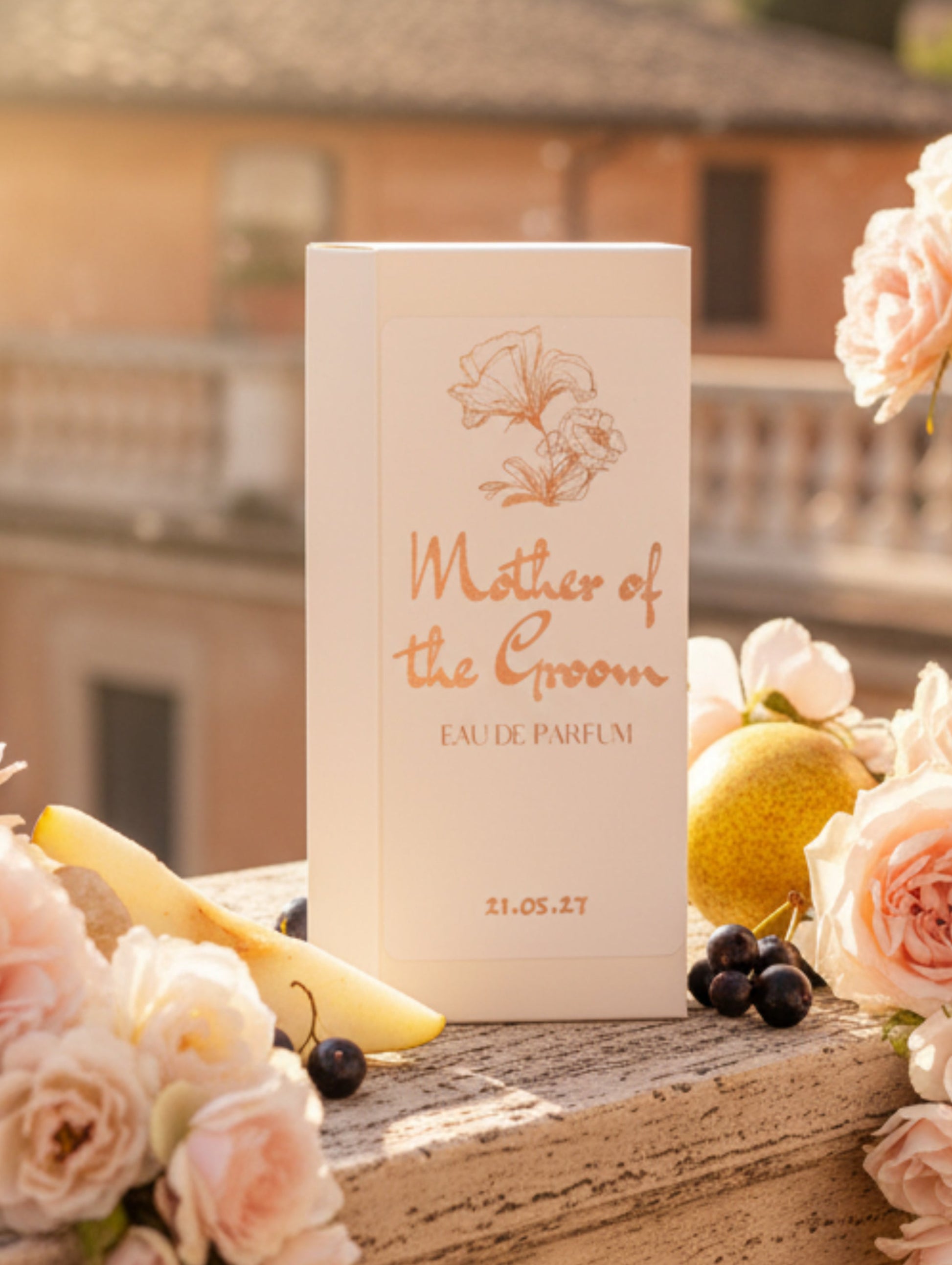 Personalised Bridal Gifts - Mother of the groom gift, personalised perfume 10ml by Hazel Glow on a wall with roses cascasing