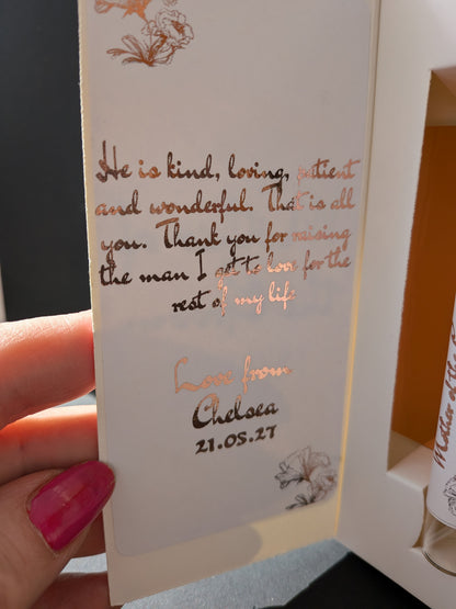 Close up of foiled message on personalised perfume