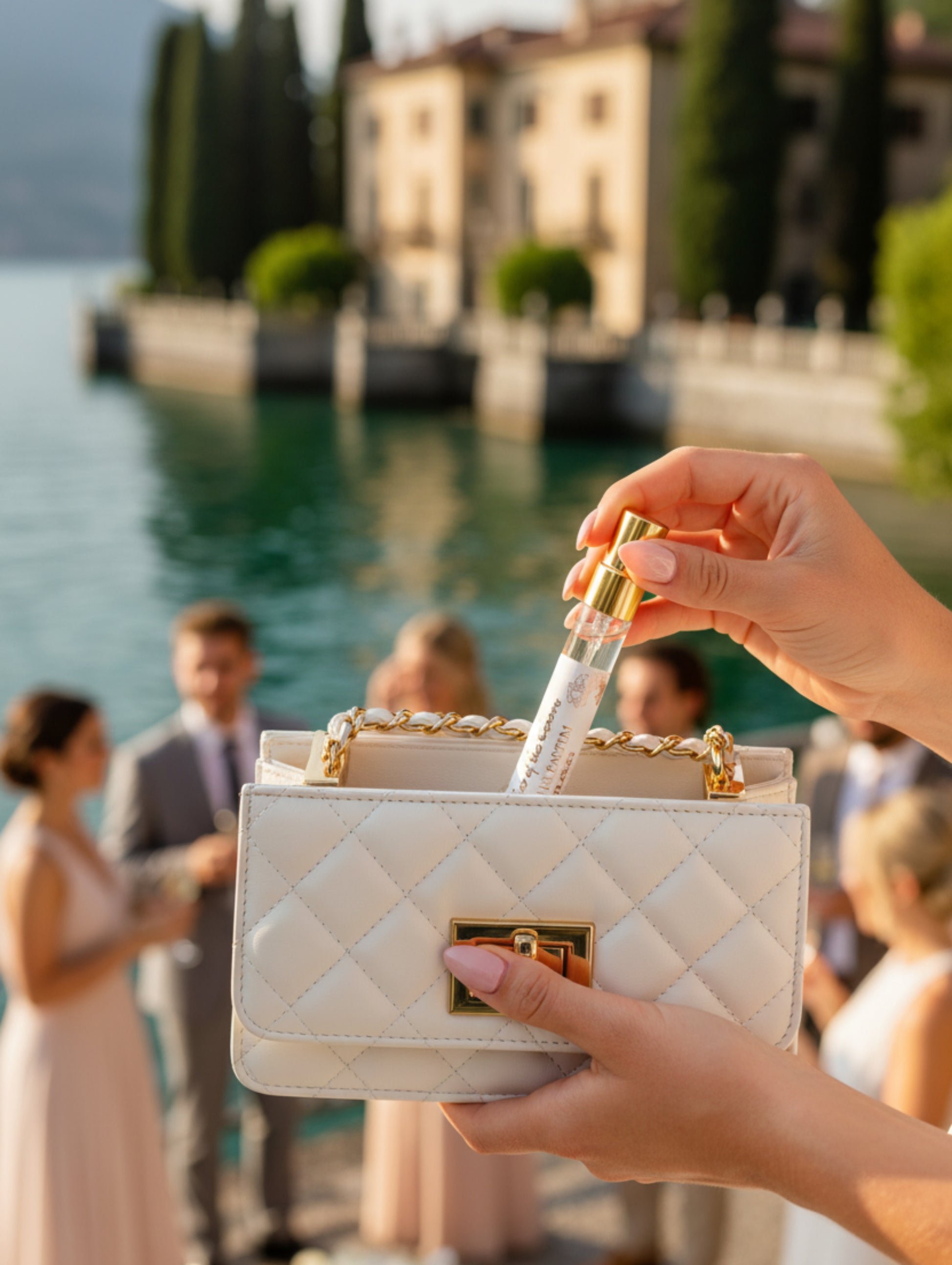 Mother of the Groom Gift, Femme Fatale personalised 10ml vegan perfume by Hazel Glow.  Groom's mother taking the perfume out of her bag by wedding at Lake Como