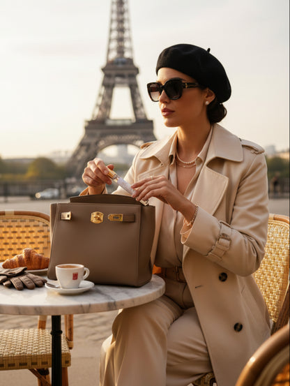 Stylish woman in front of the Eiffel Tower taking Mystique 10ml vegan perfume out of her bag