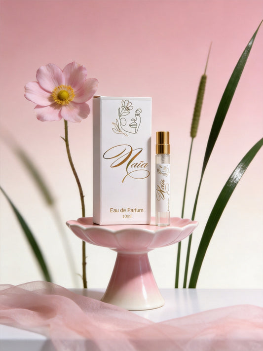 Naïa Eau De Parfum Discovery size by Hazel Glow against a pink background with pink gauze and flowers in the background