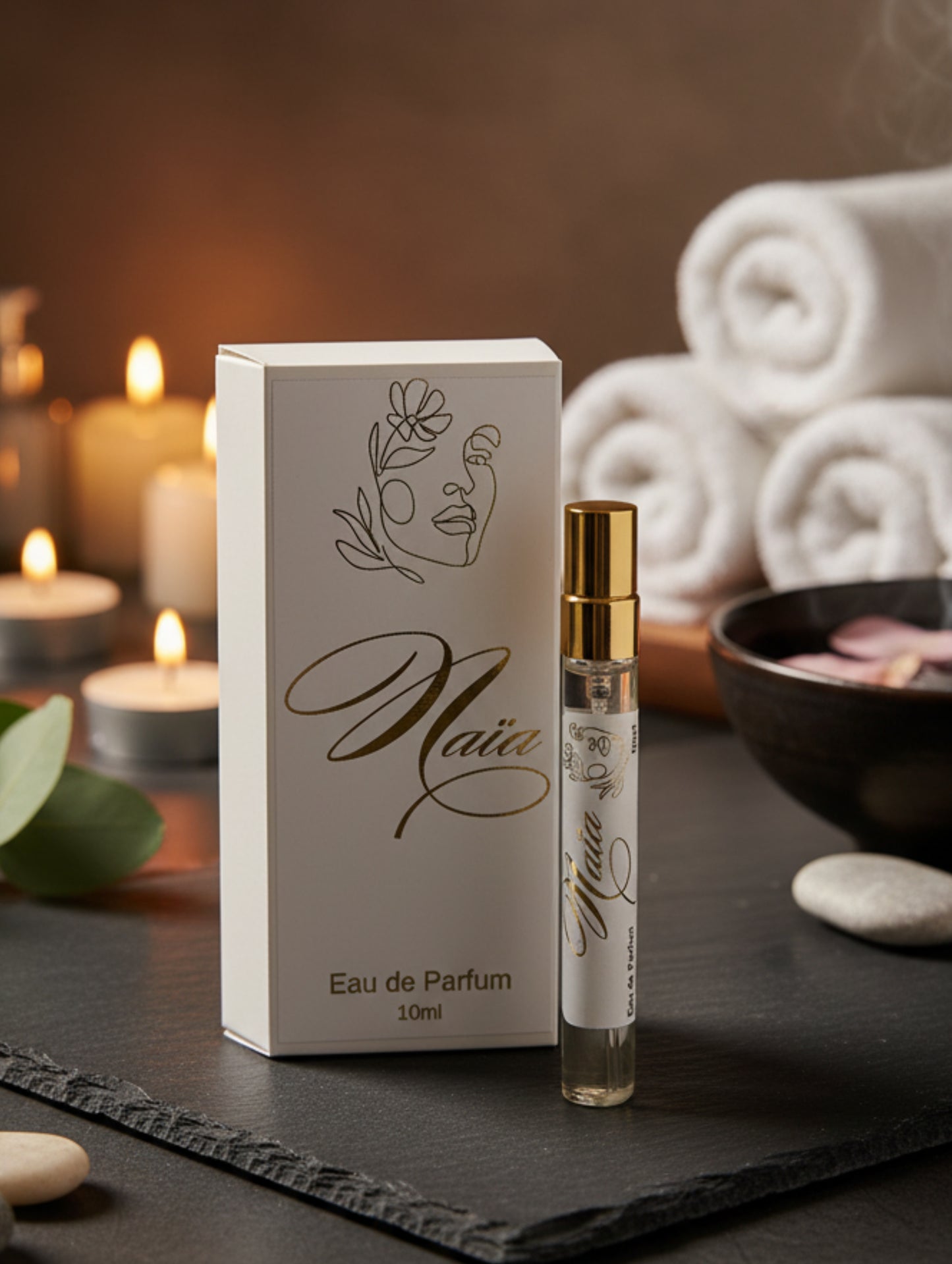 Naia luxury vegan perfume by Hazel Glow.  10ml discovery size box and bottle with design in gold foil
