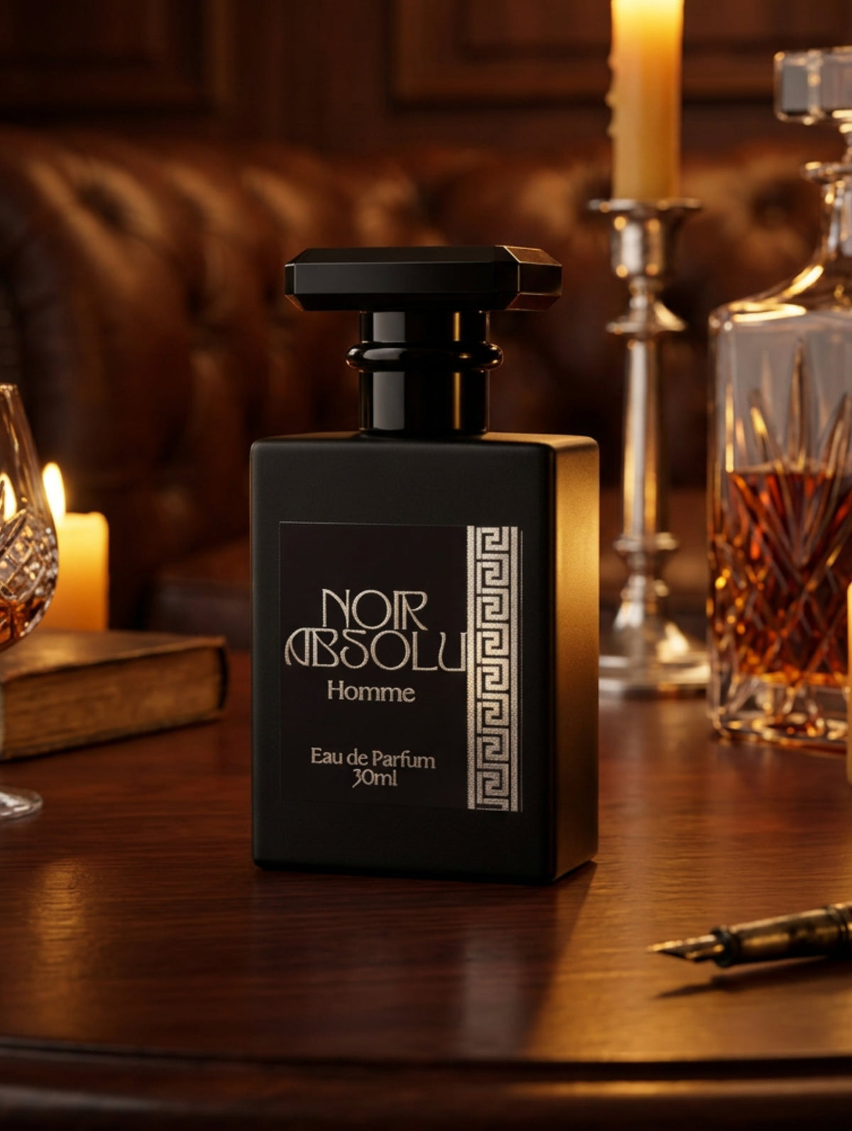 A 30ml bottle of Noir Absolu Homme Eau de Parfum, featuring a matt black rectangular glass bottle and cap with a black label and silver foil text and design.