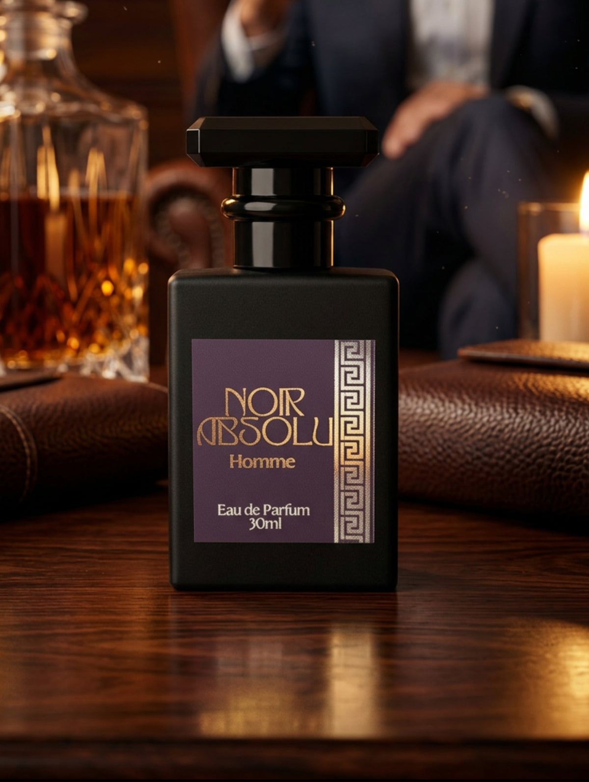 Noir Absolu Men's Fragrance, eau de parfum 30ml in matt black bottle with black label and silver foil detail shown on a teak worktop with man in the background