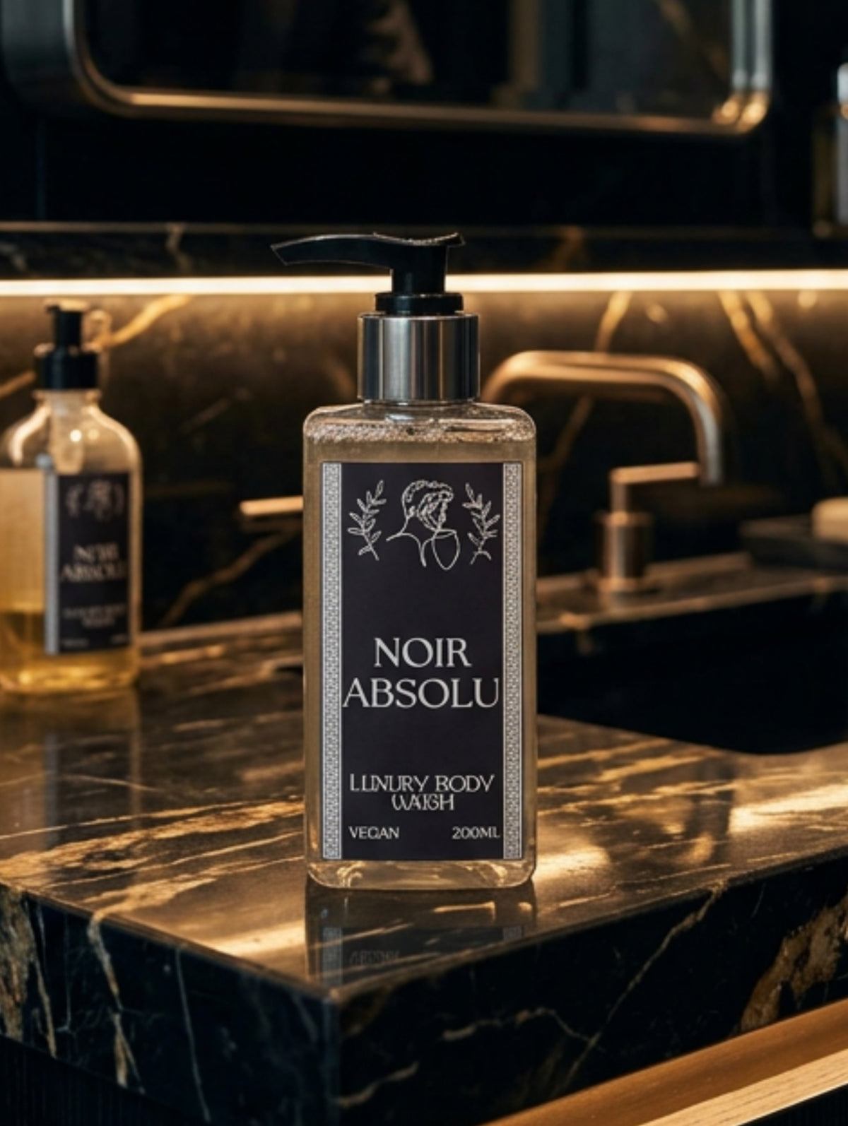 A 2000ml bottle of Noir Absolu Luxury Body Wash by Hazel Glow, featuring a black label with silver text and a black pump dispenser with a silver collar, set against a luxury marble bathroom