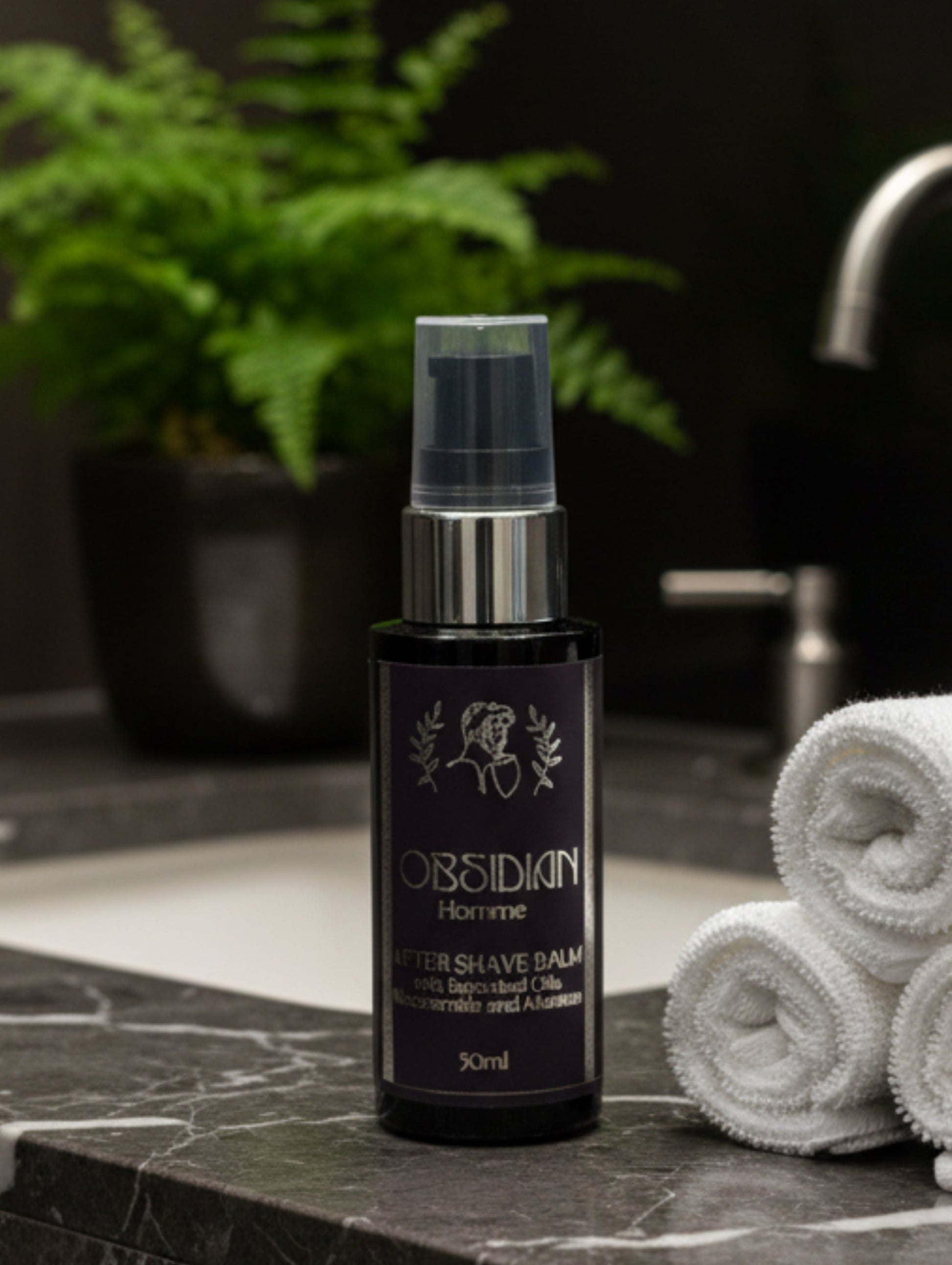 Post Shave Balm Obsidian by Hazel Glow.  With niacinamide, allantoin and botanical oils
