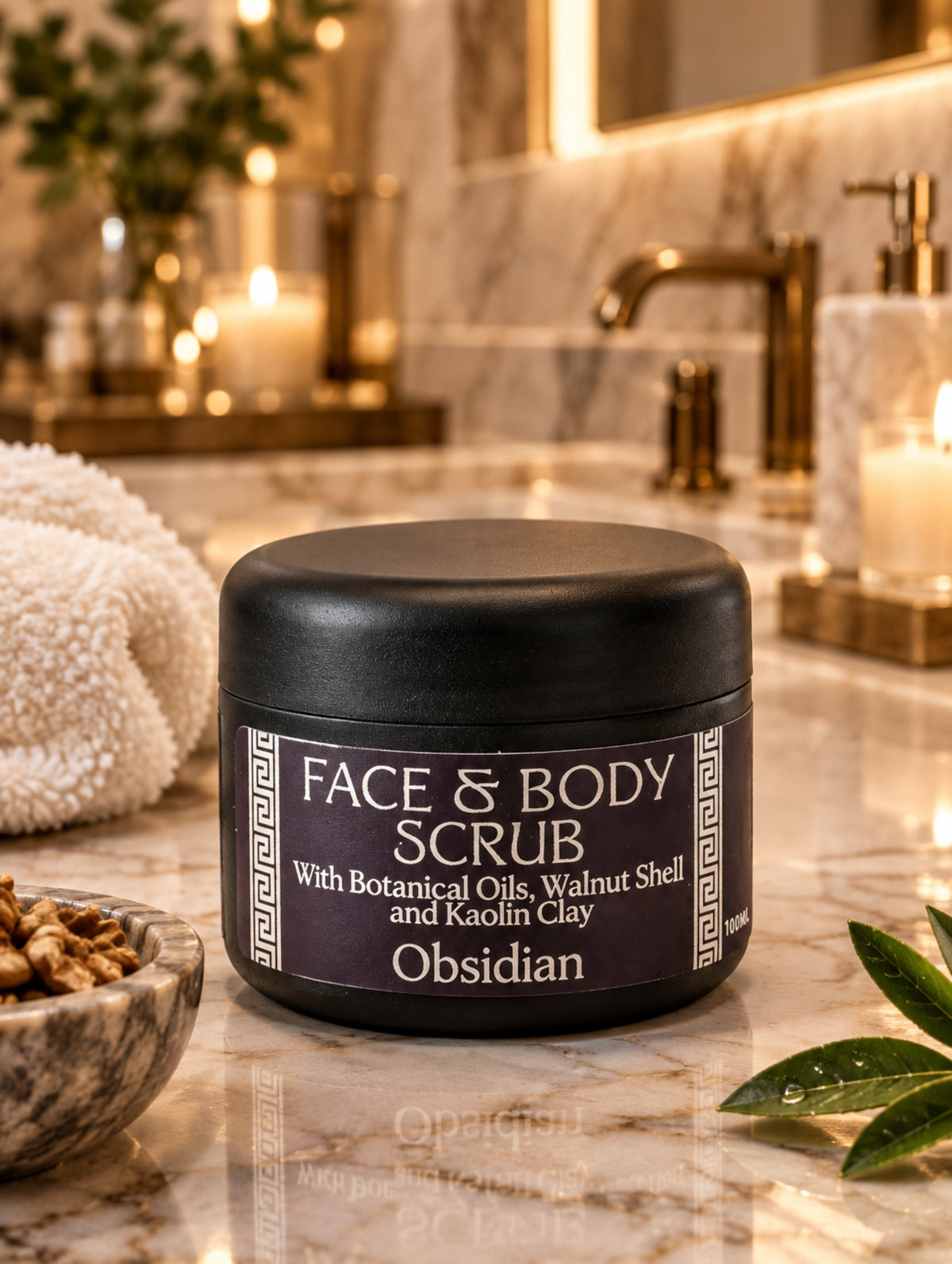 Face & Body Scrub for men with walnut shell by Hazel Glow HG Homme - in Obsidian leather fragrance