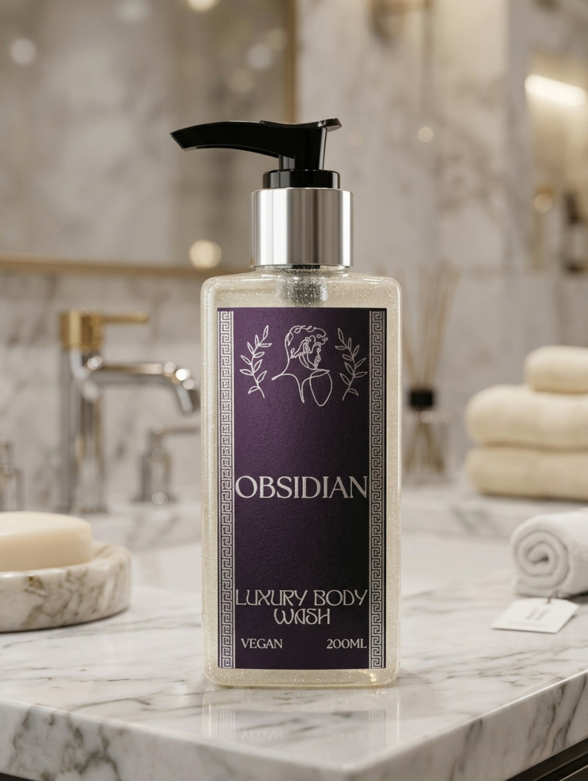 OBSIDIAN Luxury Body Wash in a clear rectangular bottle with a black pump dispenser and a black and silver foil label shown in a luxury marble bathroom